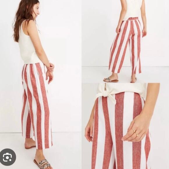 Madewell Huston Pull-On Wide Leg Crop Pants Bold Stripe Red Linen size M - Picture 1 of 4